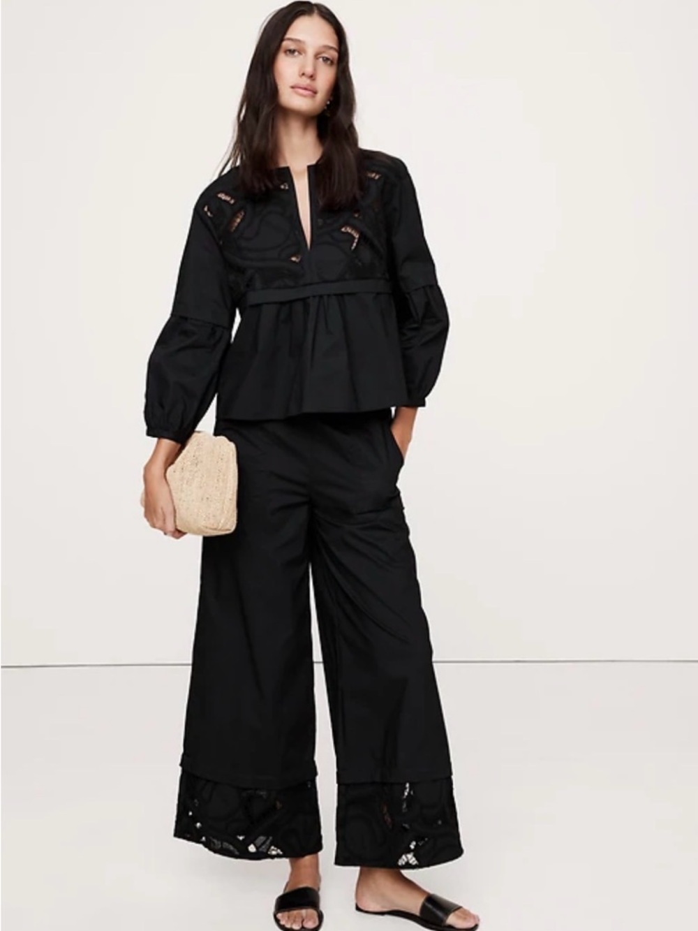 Banana Republic Black Wide-Leg Cropped Pants with Embroidered Hem